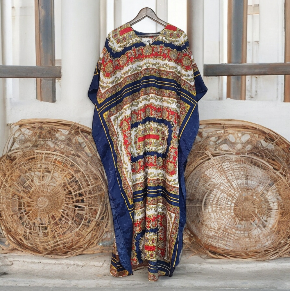 Sante Satin Kaftan Womens One Size Fits All Maxi Colorful Print Blue Gold Red